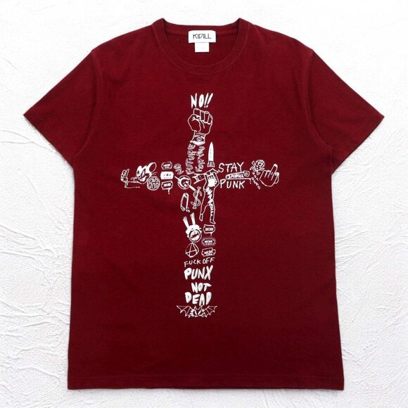 KIDILL Punk Cross Print T-Shirt -  Burgundy Cotton - Picture 1 of 11